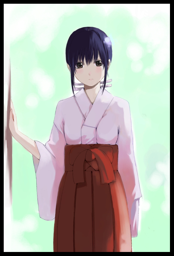 palmeros, original, 1girl, blue hair, female focus, hakama, hakama skirt, japanese clothes, miko, red hakama, skirt, solo