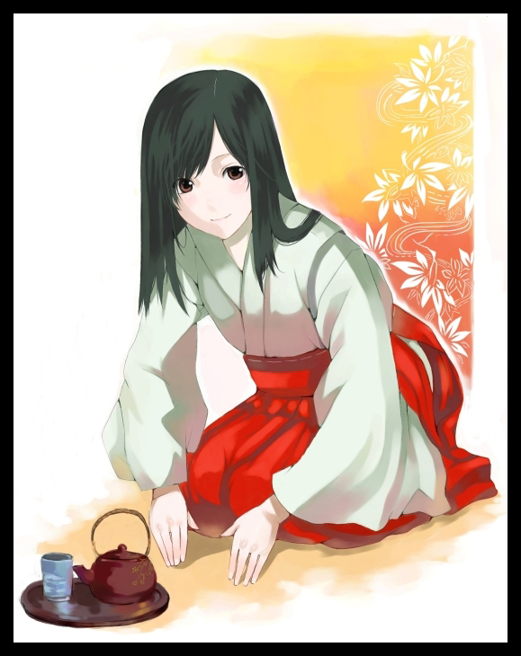 palmeros, original, 1girl, female focus, hakama, hakama skirt, japanese clothes, miko, red hakama, seiza, sitting, skirt, solo, tea