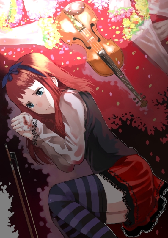 palmeros, original, striped, bandages, blood, bouquet, flower, instrument, lace, petals, red hair, ribbon, skirt, solo, tears, thighhighs, violin, zettai ryouiki