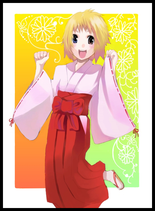palmeros, original, 1girl, blonde hair, female focus, hakama, hakama skirt, heterochromia, japanese clothes, miko, red hakama, skirt, solo