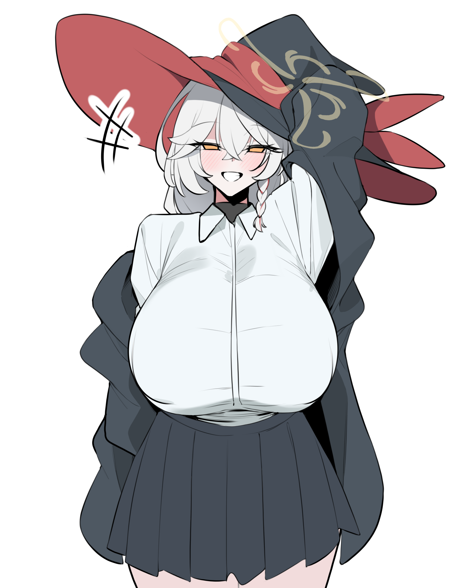 jahe (73732258), eri (blue archive), blue archive, absurdres, highres, korean commentary, 1girl, black skirt, braid, breasts, collared shirt, grin, hat, huge breasts, jacket, long hair, orange eyes, oversized hat, shirt, single braid, skirt, smile, tilted halo, white hair, white shirt, witch hat