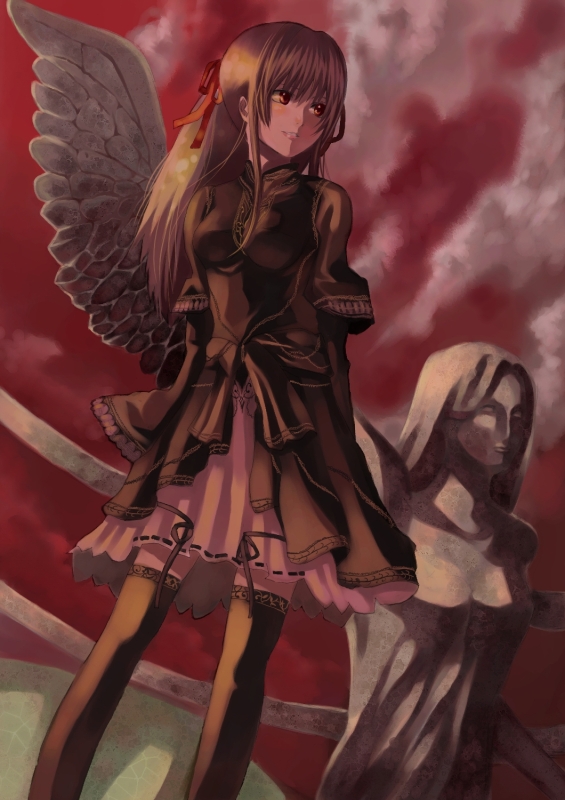 palmeros, original, cloud, lace, ribbon, skirt, statue, thighhighs, wings, zettai ryouiki