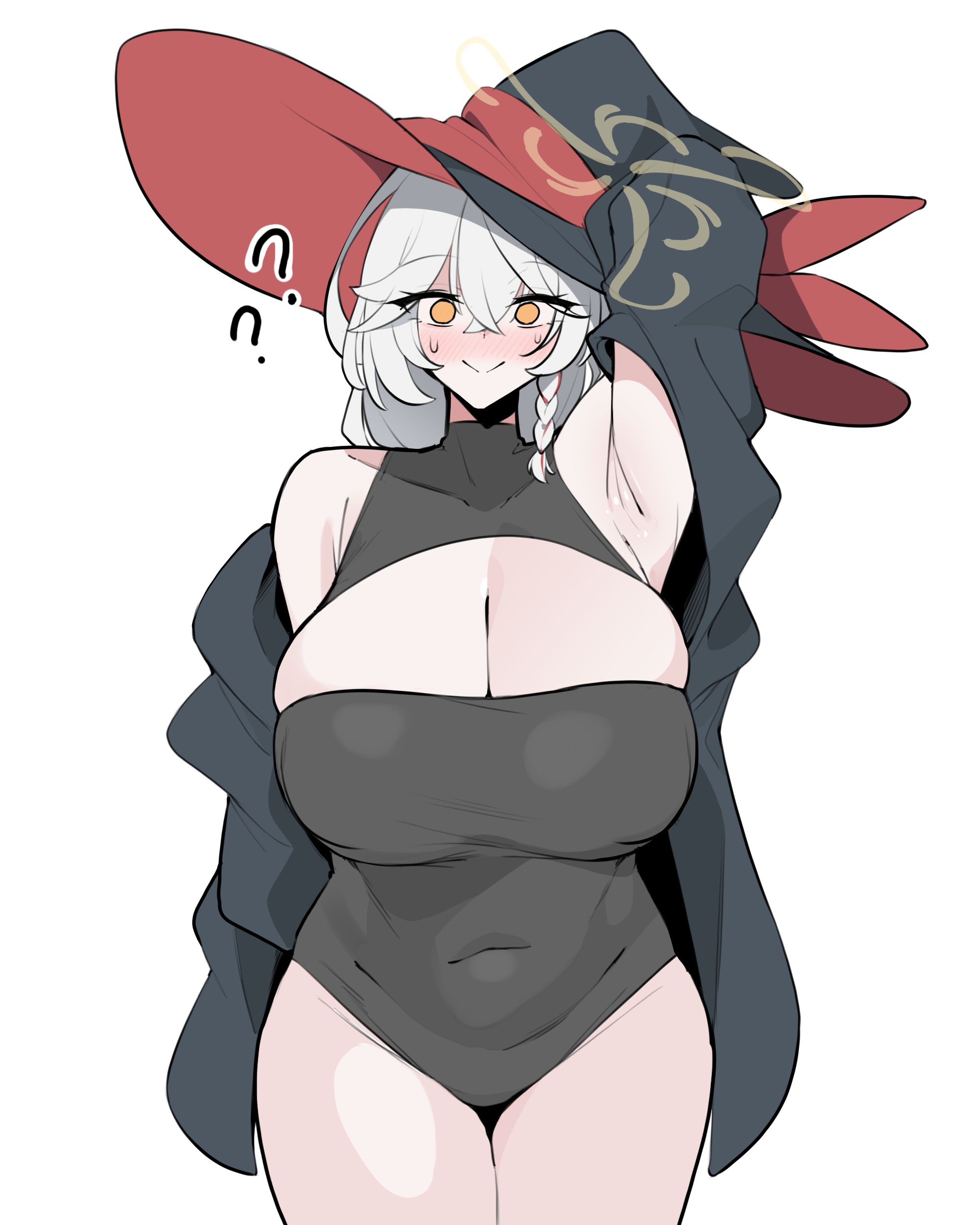 jahe (73732258), eri (blue archive), blue archive, absurdres, highres, korean commentary, 1girl, armpits, black leotard, black skirt, blush, braid, breasts, cleavage, collared shirt, hat, heattech leotard, huge breasts, jacket, leotard, long hair, orange eyes, oversized hat, shirt, single braid, skindentation, skirt, tilted halo, turtleneck, white hair, witch hat
