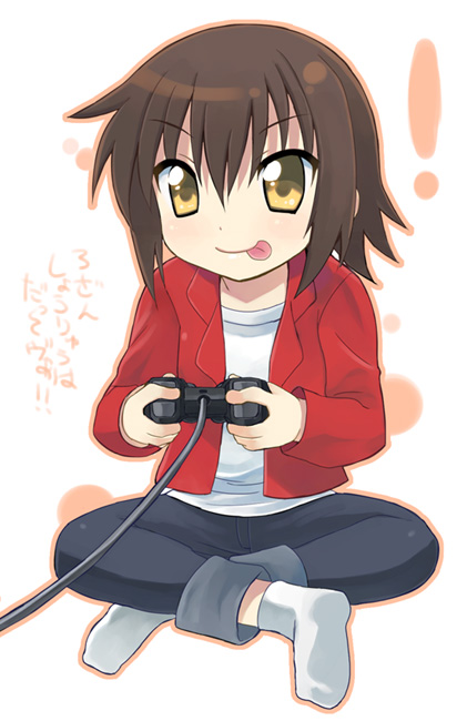 otoutogimi, kusakabe misao, lucky star, console, 00s, 1girl, brown hair, female focus, game console, jacket, playing games, short hair, solo, tongue, video game, yellow eyes