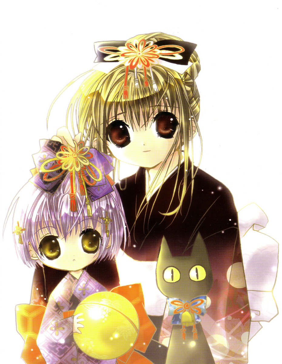 koge donbo, nyaa-san, shia (pita ten), shino (pita ten), pita ten, fur, highres, scan, 2girls, animal, black cat, blush, bow, brown bow, brown eyes, brown hair, cat, child, collarbone, green eyes, hair bow, hair ornament, height difference, japanese clothes, kimono, looking at viewer, multiple girls, pointy ears, purple hair, simple background, slit pupils, smile, upper body, white background, wide-eyed