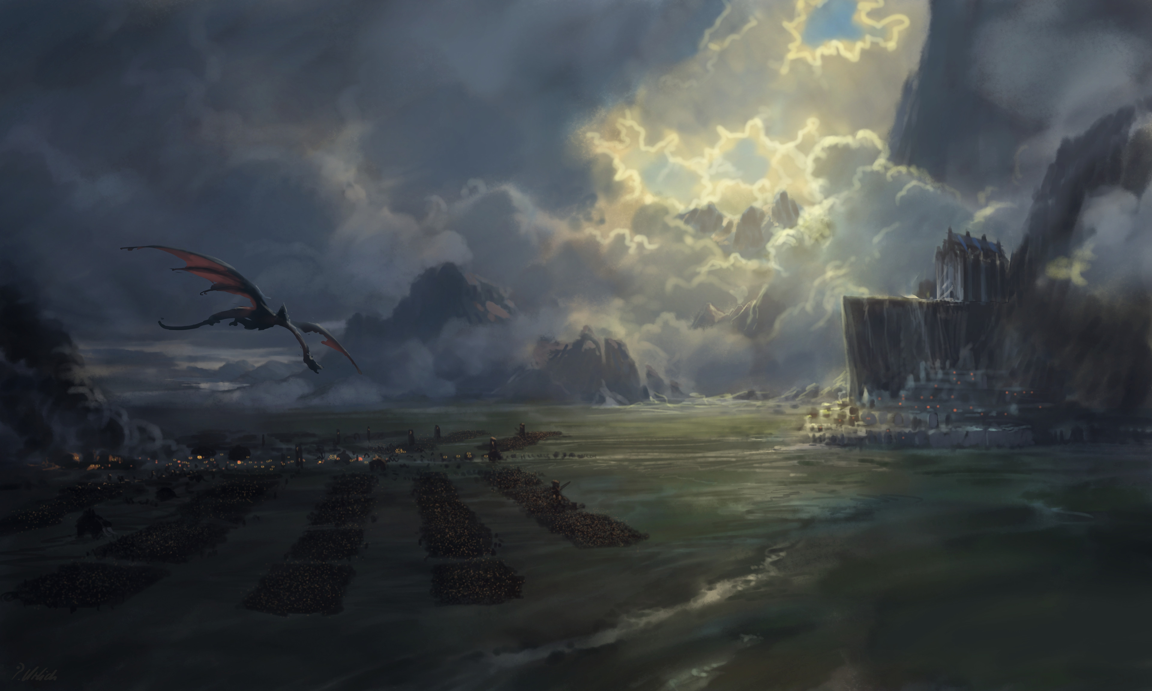 philipp urlich, original, absurdres, commentary, english commentary, highres, cloud, cloudy sky, day, dragon, landscape, mountain, no humans, ocean, outdoors, scenery, sky