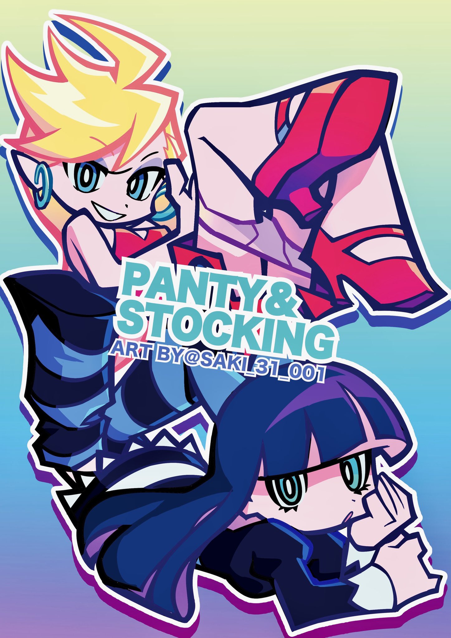 saki (a01 31), panty & stocking with garterbelt, highres, 2girls, blonde hair, blue bow, blue eyes, bow, character cutout, copyright name, dress, earrings, gothic lolita, green eyes, grin, hair bow, hand on own cheek, hand on own face, hue shifting, jewelry, leg up, lolita fashion, lying, multiple girls, on stomach, panties, pink panties, purple hair, red dress, shadow, smile, striped clothes, striped thighhighs, thighhighs, twitter username, underwear