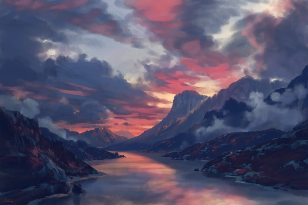 philipp urlich, original, commentary, english commentary, cloud, cloudy sky, evening, lake, landscape, mountain, no humans, outdoors, scenery, sky, sunset