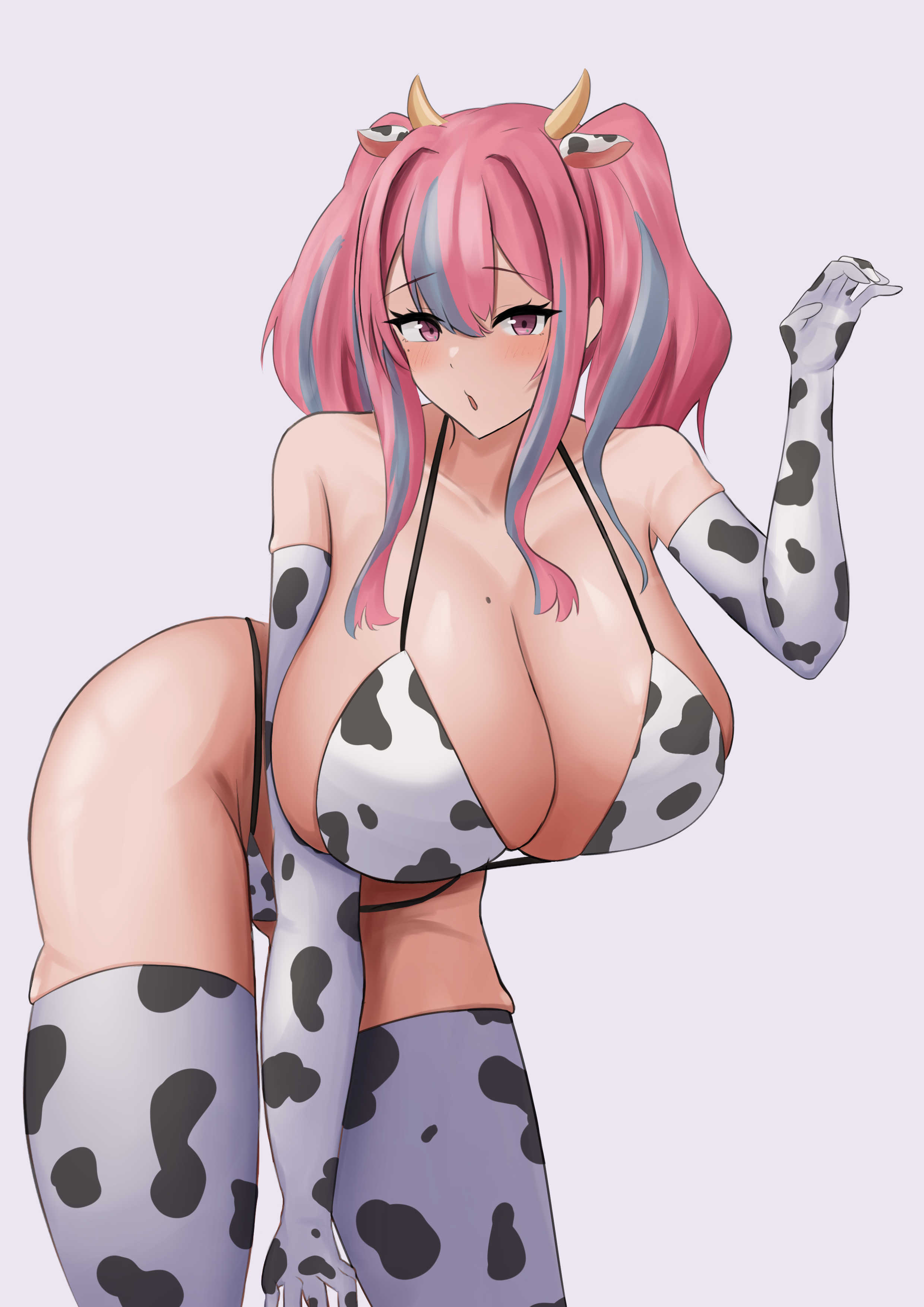 sigusigus55, bremerton (azur lane), azur lane, absurdres, commentary request, highres, variant set, 1girl, :o, alternate breast size (larger), animal ears, animal print, bare shoulders, bikini, breasts, collarbone, cow ears, cow girl, cow horns, cow print, cow print bikini, cow print gloves, cow print thighhighs, elbow gloves, gloves, grey streaks, horns, huge breasts, leaning forward, long hair, looking at viewer, mole, mole on breast, pink eyes, pink hair, print bikini, print gloves, print thighhighs, solo, swimsuit, thighhighs, twintails