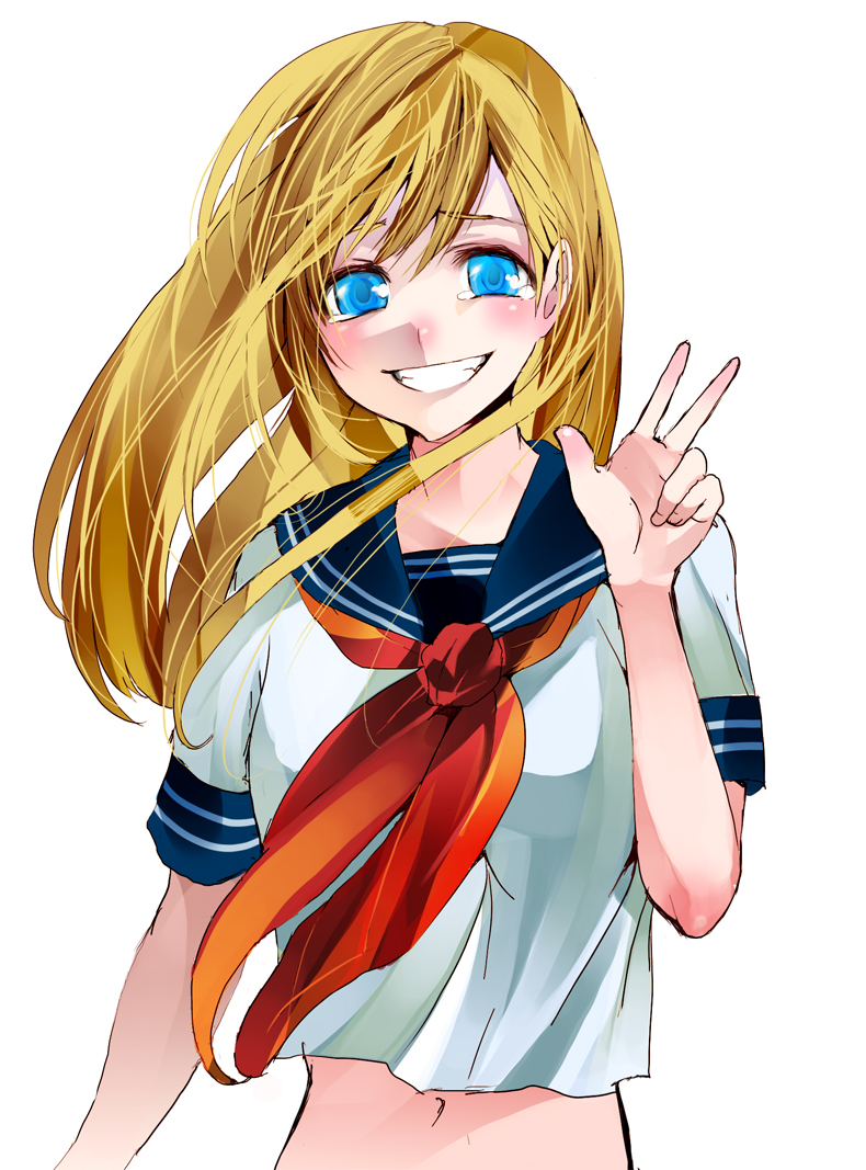 palmeros, original, bad id, bad pixiv id, blonde hair, blue eyes, blush, midriff, navel, school uniform, serafuku, solo, tears, v