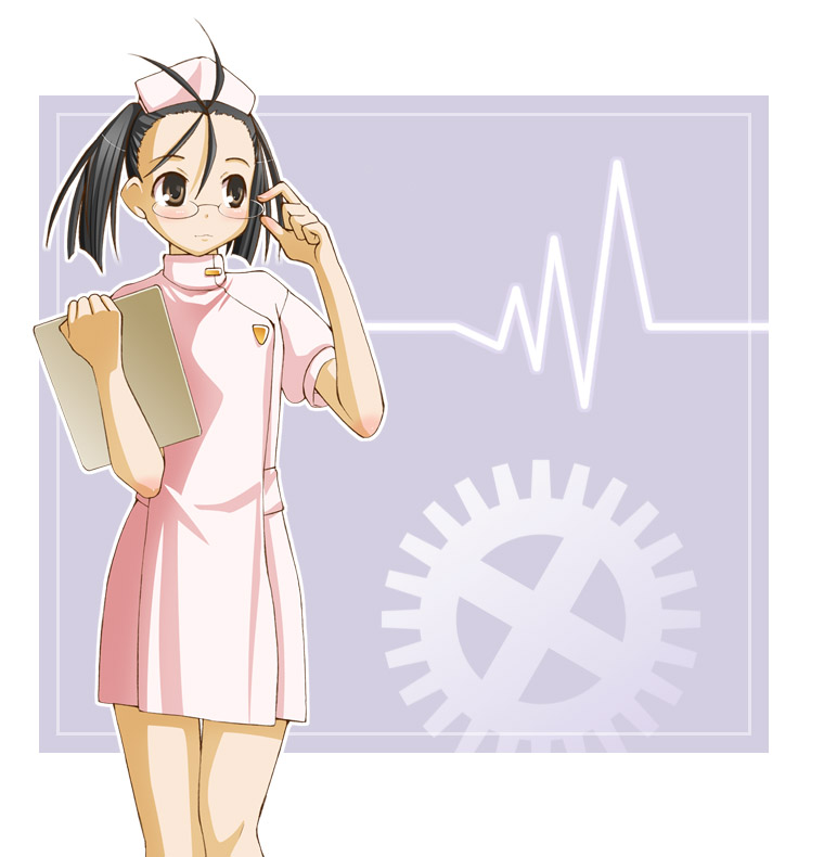 kasuga yukihito, hakase satomi, mahou sensei negima!, 00s, 1girl, adjusting eyewear, alternate costume, alternate hairstyle, antenna hair, black hair, blush, brown eyes, clipboard, female focus, forehead, glasses, hat, nurse, nurse cap, short twintails, solo, twintails