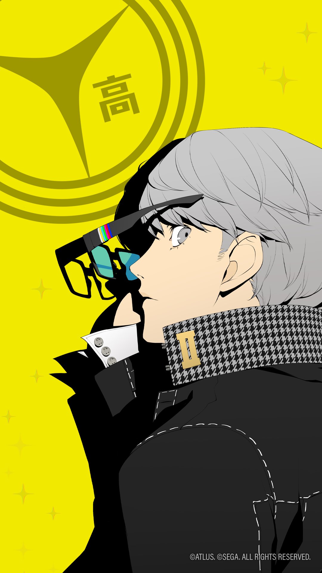 soejima shigenori, narukami yu, persona, persona 4, highres, official art, 1boy, black jacket, collared jacket, emblem, glasses, green eyes, grey hair, holding, holding removed eyewear, jacket, looking to the side, male focus, school uniform, shirt, short hair, solo, tinted eyewear, unworn eyewear, white shirt, yasogami school uniform, yellow background