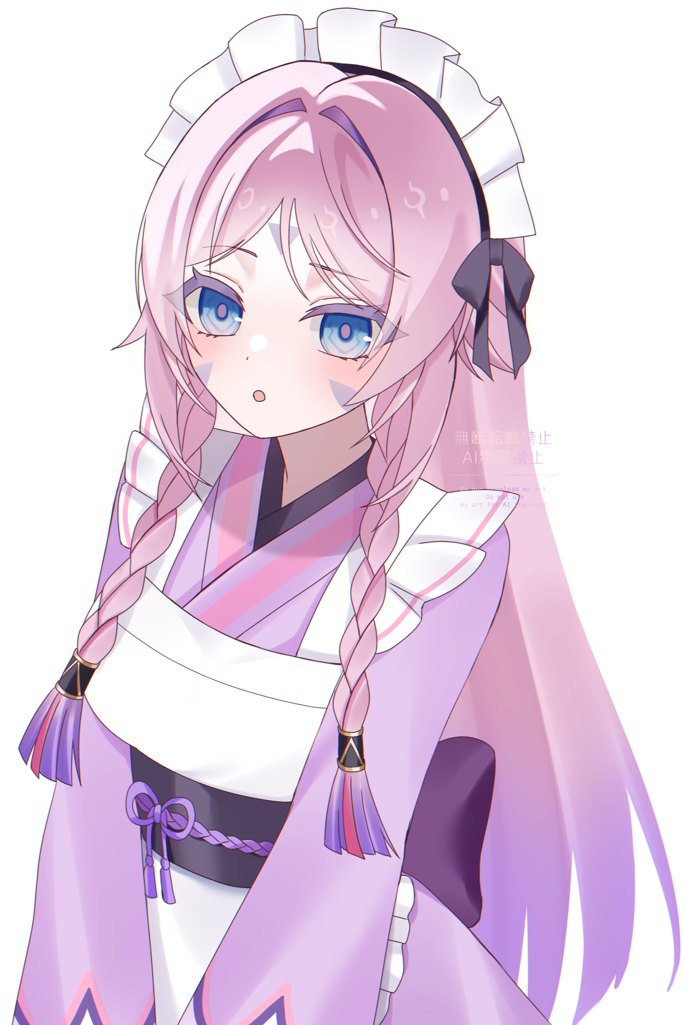 kino (curry pan), citlali (genshin impact), genshin impact, commentary, highres, 1girl, :o, alternate costume, apron, blue eyes, blush, braid, enmaided, facial mark, forehead mark, frilled hairband, frills, hairband, japanese clothes, kimono, long hair, long sleeves, looking at viewer, maid, maid headdress, multicolored hair, pink hair, pink pupils, purple hair, purple kimono, simple background, solo, twin braids, very long hair, wa maid, white apron, white background, white hairband