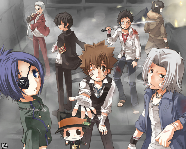 kurot, tsuna, chrome dokuro, gokudera hayato, hibari kyouya, lambo, leon (reborn), reborn, sasagawa ryohei, sawada tsunayoshi, yamamoto takeshi, katekyo hitman reborn!, shueisha, 00s, 1girl, 6+boys, bandages, blood, child, dokuro chrome, eyepatch, hat, lizard, multiple boys, one eye closed, school uniform, serafuku, sword, weapon, wink