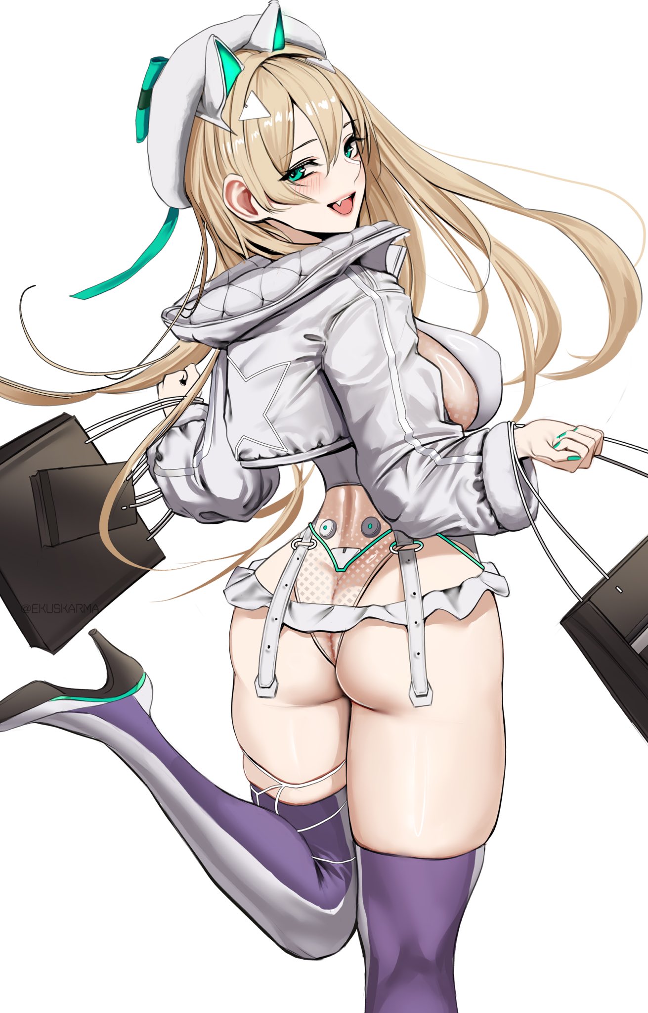 ekuskarma, rupee (nikke), rupee (winter shopper) (nikke), goddess of victory: nikke, highres, 1girl, animal ears, ass, bag, fake animal ears, fur hat, green nails, hat, holding, holding bag, leotard, nail polish, official alternate costume, see-through clothes, see-through leotard, simple background, solo, white background, white leotard