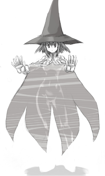 tokyo (great akuta), kinkouseiba, houshin engi, striped, 1990s (style), greyscale, hat, invisible, invisible girl, monochrome, retro artstyle, solo, witch hat