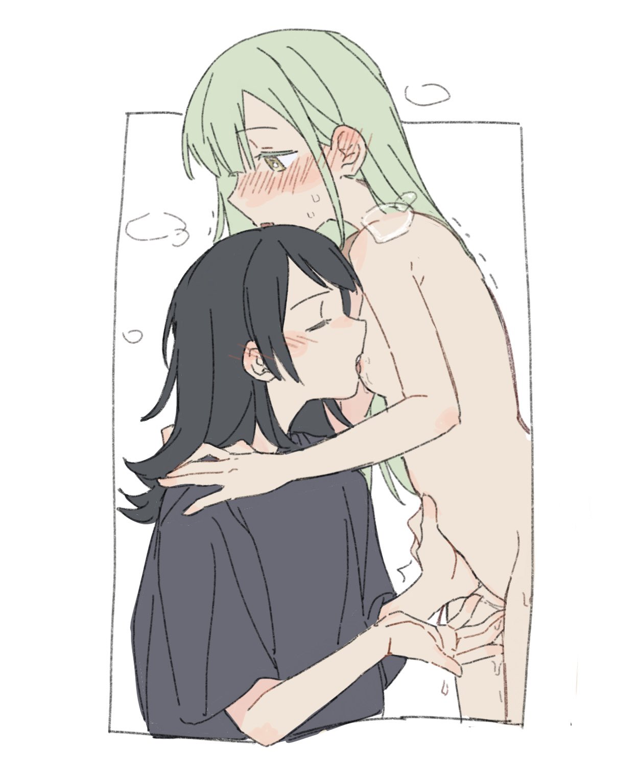 jenjen, wakaba mutsumi, yahata umiri, bang dream!, bang dream! it's mygo!!!!!, highres, 2girls, black hair, black shirt, blush, breast sucking, breasts, closed eyes, clothed female nude female, completely nude, ear blush, fingering, green hair, hand on another's shoulder, long hair, multiple girls, nude, pussy juice, pussy juice on fingers, saliva, shirt, short sleeves, small breasts, tongue, tongue out, yellow eyes, yuri