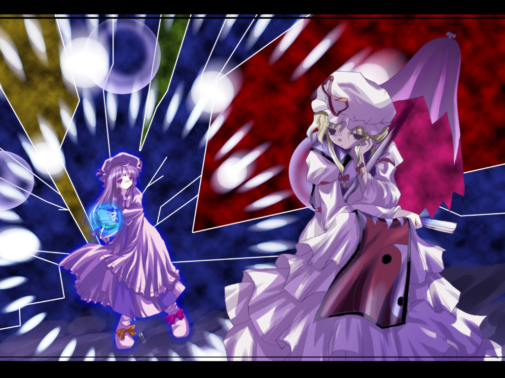 patchouli knowledge, yakumo yukari, touhou, 2girls, blonde hair, danmaku, dress, female focus, full body, hat, hat ribbon, layered dress, long hair, long sleeves, mob cap, multiple girls, parasol, purple eyes, purple hair, red ribbon, ribbon, tabard, umbrella