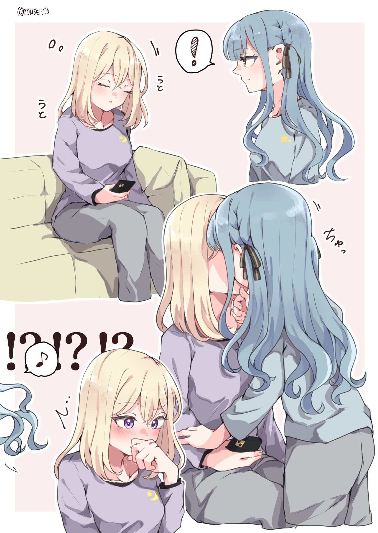rousei, misumi uika, togawa sakiko, bang dream!, bang dream! it's mygo!!!!!, commentary request, highres, !, 2girls, black ribbon, blonde hair, blue hair, blue shirt, blush, cellphone, closed eyes, closed mouth, couch, grey pants, hair ribbon, holding, holding phone, kiss, medium hair, multiple girls, musical note, on couch, pants, parted lips, phone, purple background, purple eyes, purple shirt, ribbon, shirt, simple background, sitting, smartphone, spoken exclamation mark, spoken musical note, two side up, yellow eyes, yuri
