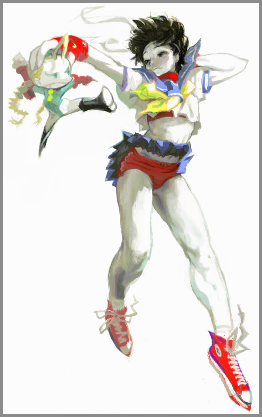 kawaguchi youhei, cammy white, kasugano sakura, capcom, converse, street fighter, street fighter ii (series), street fighter zero (series), highres, 1990s (style), 2girls, bare shoulders, blonde hair, blue eyes, blue sailor collar, boots, braid, breasts, brown eyes, brown hair, chibi, fingerless gloves, flat chest, garrison cap, gloves, green eyes, hat, headband, kneehighs, knees, legs, long hair, lowleg, lowleg panties, mini person, minigirl, miniskirt, multiple girls, neckerchief, necktie, panties, pantyhose, pantyshot, retro artstyle, sailor collar, sailor crest, school uniform, serafuku, shirt, shoes, short hair, skirt, sneakers, socks, thighhighs, thighs, twin braids, underwear, upskirt