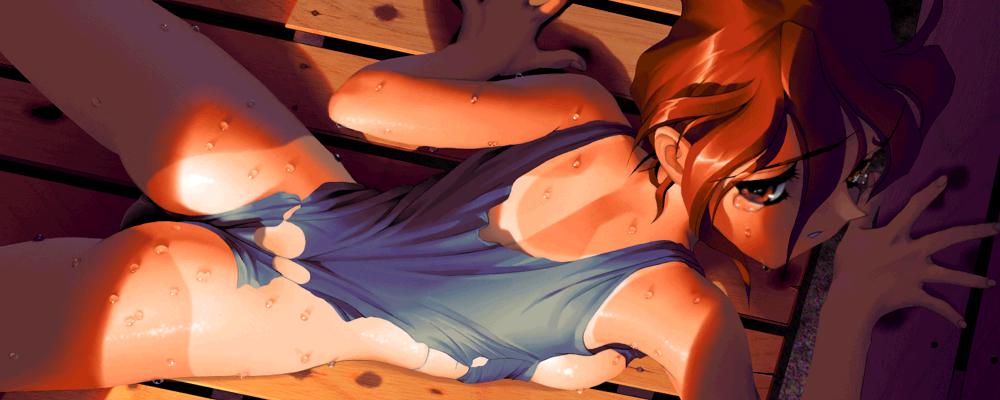 nadeara bukichi, kawagishi rin, star platinum (game), 1girl, ass, breasts, brown eyes, brown hair, dithering, female focus, lying, medium breasts, on stomach, one-piece swimsuit, one-piece tan, red hair, retro artstyle, short hair, sideboob, solo, swimsuit, tan, tanline, tears, torn clothes, torn swimsuit, wet