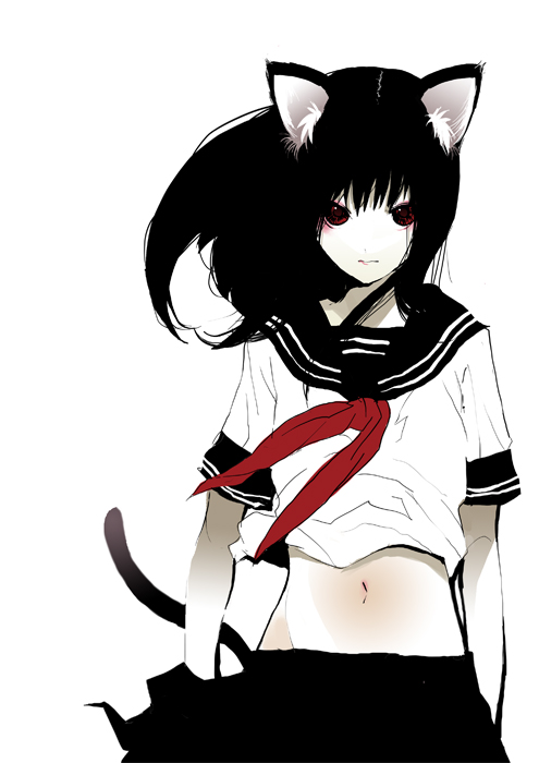 palmeros, original, animal ears, cat ears, cat tail, midriff, navel, red eyes, school uniform, serafuku, solo, tail