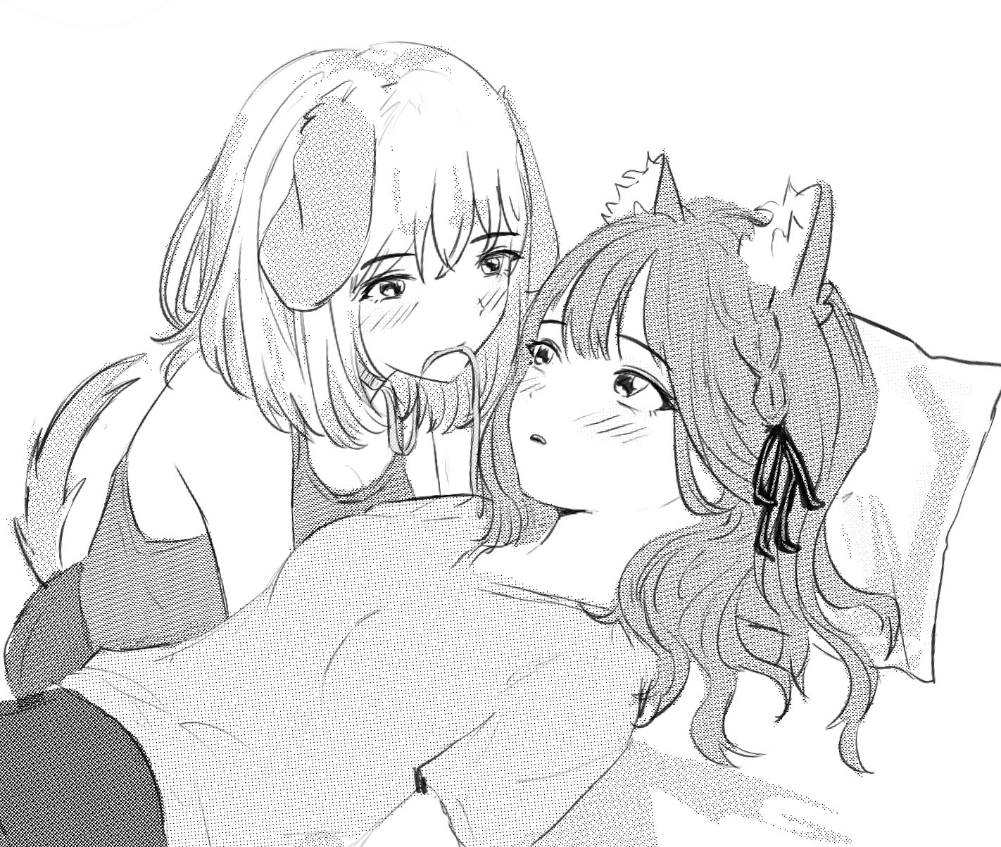 misumi uika, togawa sakiko, bang dream!, bang dream! it's mygo!!!!!, highres, 2girls, animal ears, blush, cat ears, dog ears, dog girl, dog tail, greyscale, hair ribbon, kemonomimi mode, leash in mouth, long hair, looking at another, lying, medium hair, monochrome, multiple girls, on back, parted lips, ribbon, short sleeves, tail, tank top, two side up, uikays, yuri