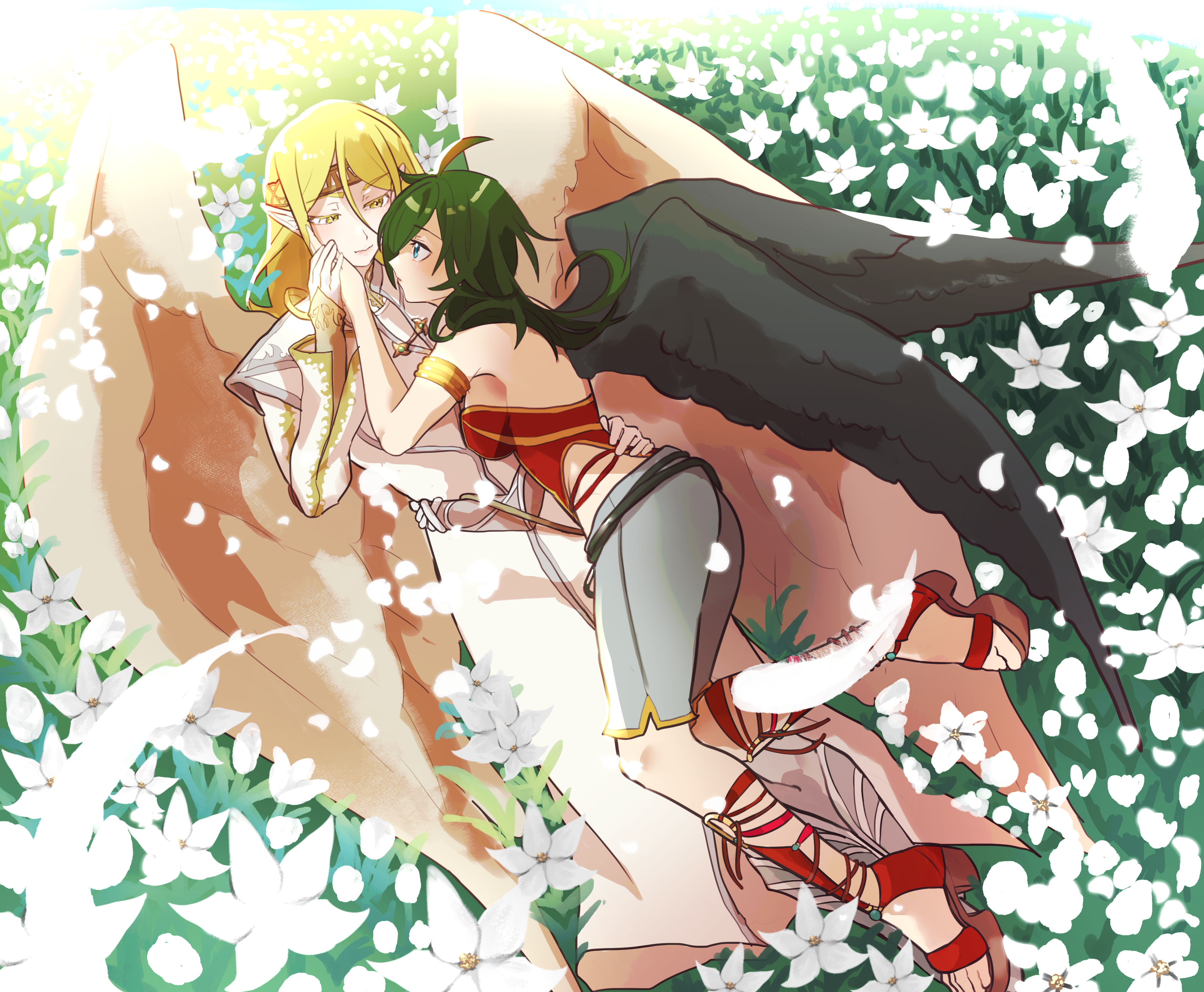 gliesse82 5, reyson (fire emblem), vika (fire emblem), fire emblem, fire emblem: path of radiance, fire emblem: radiant dawn, nintendo, absurdres, commission, commissioner upload, highres, 1boy, 1girl, angel wings, armlet, bird, bird girl, bird wings, black wings, blonde hair, blue eyes, boots, breasts, closed mouth, feathered wings, feathers, field, flower, flower field, grass, green hair, hand on another's back, hand on another's face, headband, heron, holding hands, jewelry, long hair, looking at another, lying, o-ring, on grass, open-toe boots, pointy ears, sideboob, sunlight, white wings, wings, yellow eyes