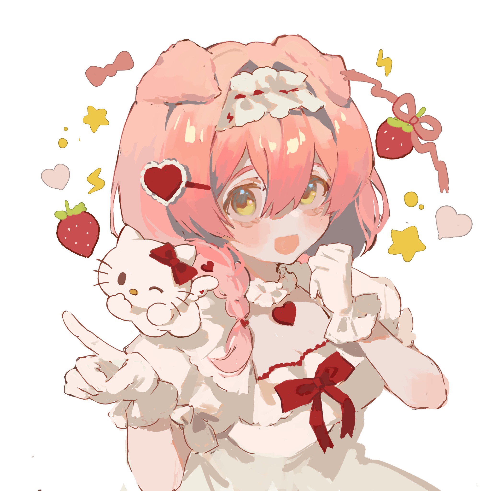 goldenglow (arknights), arknights, hello kitty, sanrio, highres, 1girl, :d, animal ears, braid, cat ears, dress, food, fruit, gloves, hair between eyes, hair ornament, hairband, hands up, heart, heart hair ornament, index finger raised, long hair, looking at viewer, neck ribbon, one eye closed, open mouth, pink hair, puffy short sleeves, puffy sleeves, red ribbon, ribbon, short sleeves, smile, solo, strawberry, upper body, white background, white dress, white gloves, white hairband, xinglida208, yellow eyes
