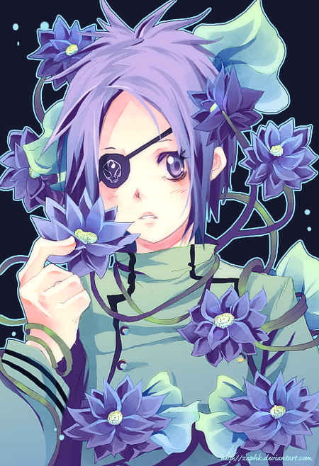 zaphk, chrome dokuro, katekyo hitman reborn!, artist request, photoshop (medium), 00s, 1girl, blue hair, blush, dokuro chrome, eyepatch, female focus, flower, school uniform, serafuku, solo