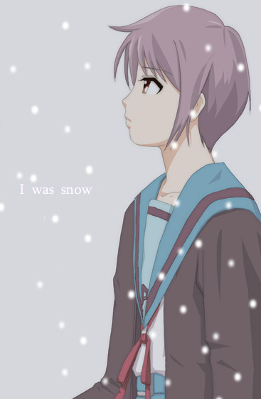 haruo, nagato yuki, suzumiya haruhi no yuuutsu, bad id, bad pixiv id, 00s, cardigan, school uniform, serafuku, snow, snowing, solo