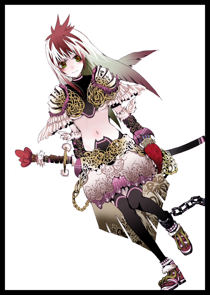 palmeros, pixiv fantasia, pixiv fantasia 1, bad id, bad pixiv id, 1girl, breasts, chain, fashion, female focus, green eyes, midriff, navel, solo, sword, underboob, weapon