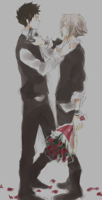 gokudera hayato, yamamoto takeshi, katekyo hitman reborn!, 00s, bouquet, flower, gun, handgun, pistol, rose, weapon