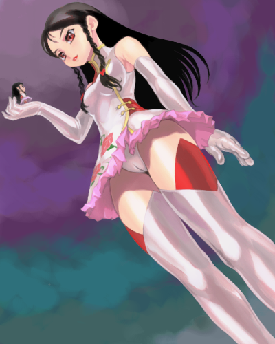 tweedledee (kiddy grade), tweedledee (wonderland), kiddy grade, lowres, 00s, 1girl, female focus, giant, giantess, oekaki, panties, pantyshot, solo, thighhighs, underwear