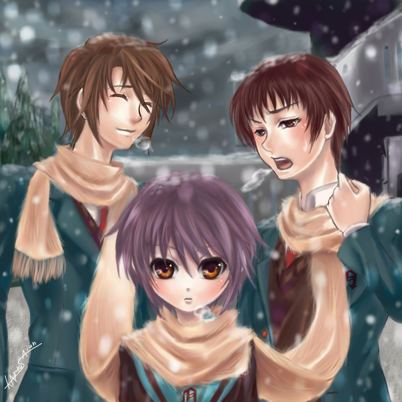 saiun hanatsubasa, koizumi itsuki, kyon, nagato yuki, suzumiya haruhi no yuuutsu, bad id, bad pixiv id, 00s, 1girl, 2boys, multiple boys, scarf, shared clothes, shared scarf, snow, winter