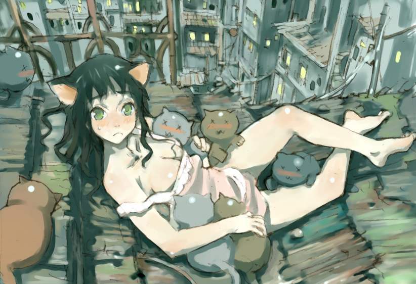 humi, toi8, original, jpeg artifacts, 1girl, animal ears, baby animal, blush, breasts, camisole, cat, cat ears, city, cleavage, female focus, green eyes, kitten, large breasts, long hair, solo, strap slip
