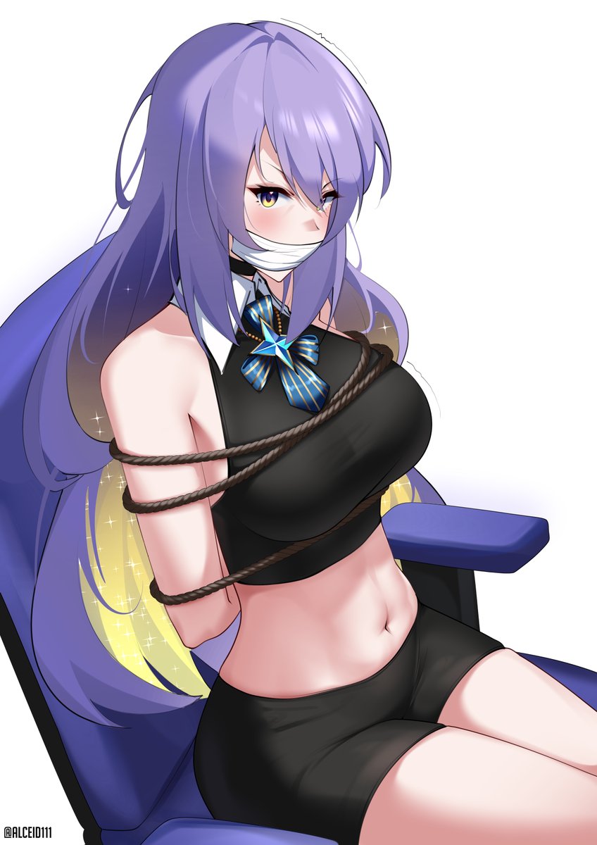 alceid, moona hoshinova, moona hoshinova (1st costume), hololive, hololive indonesia, highres, 1girl, black shorts, bound, breasts, crop top, gag, gagged, gradient hair, improvised gag, large breasts, long hair, midriff, multicolored hair, navel, no jacket, purple eyes, purple hair, rope, shorts, sitting, starry hair, swivel chair, tape, tape gag, twitter username, virtual youtuber, white background