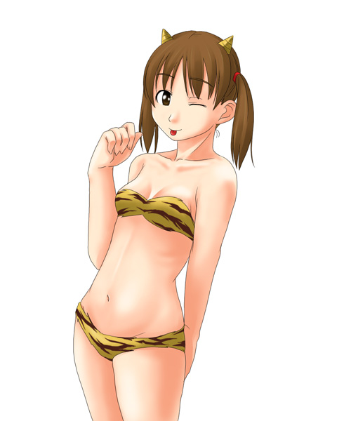 toshifumi, fukuzawa yumi, lum, maria-sama ga miteru, urusei yatsura, 1girl, :p, animal print, bikini, cone horns, cosplay, female focus, flat chest, horns, lum (cosplay), one eye closed, oni, solo, striped horns, swimsuit, tiger print, tongue, tongue out