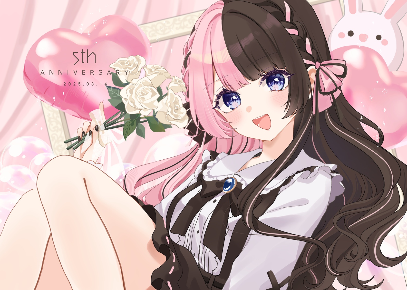 rino cnc, tachibana hinano, vspo!, commentary request, highres, 1girl, :d, anniversary, balloon, blue eyes, braid, dated, flower, holding, holding flower, long hair, multicolored hair, open mouth, pink hair, rose, smile, solo, split-color hair, two-tone hair, virtual youtuber, white flower, white rose