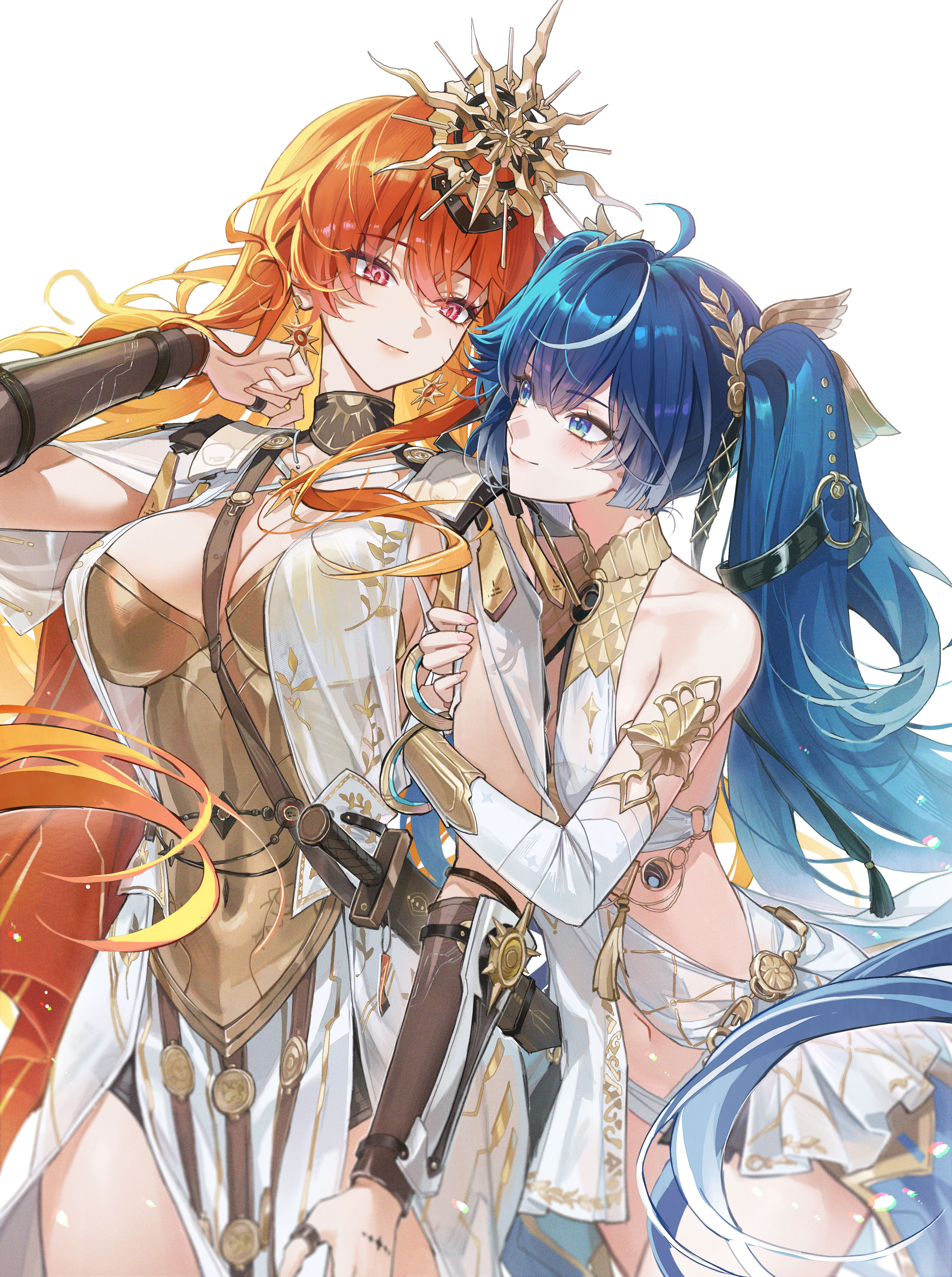 meoyo, augusta (wuthering waves), iuno (wuthering waves), wuthering waves, absurdres, commentary, highres, 2girls, ahoge, ancient greek clothes, arm armor, arm hug, armor, bare shoulders, black collar, blue eyes, blue hair, blush, breastplate, breasts, cleavage, closed mouth, collar, collarbone, colored inner hair, covered navel, earrings, eye contact, fingernails, gradient hair, greco-roman clothes, hair belt, hand up, head wreath, headgear, jewelry, long hair, looking at another, medium breasts, multicolored hair, multiple girls, navel, orange hair, red eyes, showgirl skirt, simple background, smile, streaked hair, sun earrings, thighs, very long hair, white background