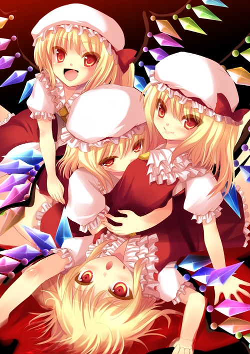 yukizuki chikuba, flandre scarlet, touhou, 4girls, :d, blonde hair, blood, clone, female focus, hug, lying, multiple girls, no headwear, open mouth, orange eyes, red eyes, selfcest, short hair, side ponytail, smile, wings