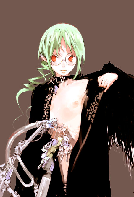 humi, toi8, original, gender request, androgynous, coat, flat chest, glasses, green hair, male focus, nipples, pointy ears, red eyes, solo, topless male
