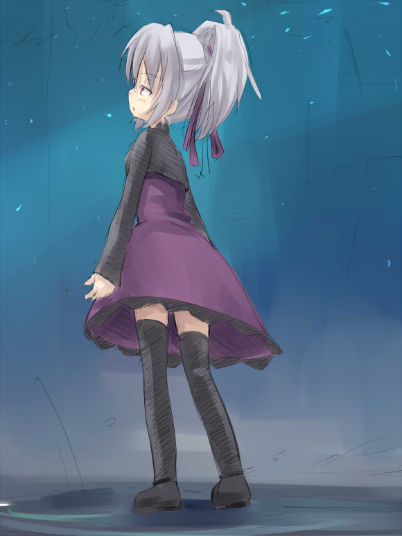kuro (be ok), yin (darker than black), darker than black, silver hair, 00s, 1girl, black thighhighs, blue background, blush, dress, female focus, from side, half-closed eyes, long sleeves, profile, purple dress, purple eyes, short hair, simple background, solo, thighhighs, zettai ryouiki