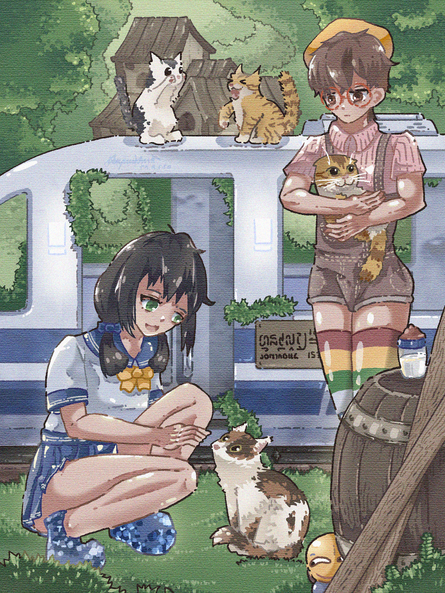 4mper5and, original, 2girls, animal, baby bottle, barrel, beret, black hair, blue bow, blue shorts, blue skirt, bottle, bow, bowtie, brown eyes, brown fur, brown hair, brown overalls, building, cat, collarbone, drink, glasses, grass, green eyes, hair bow, hat, holding, holding animal, holding cat, house, long hair, looking at another, low twintails, milk, multicolored thighhighs, multiple girls, open mouth, orange fur, orange hat, overalls, pink shirt, plank, school uniform, shirt, short hair, short sleeves, shorts, skirt, smile, squatting, standing, striped clothes, striped thighhighs, thighhighs, train, tree, twintails, white fur, white shirt, yellow bow, yellow bowtie