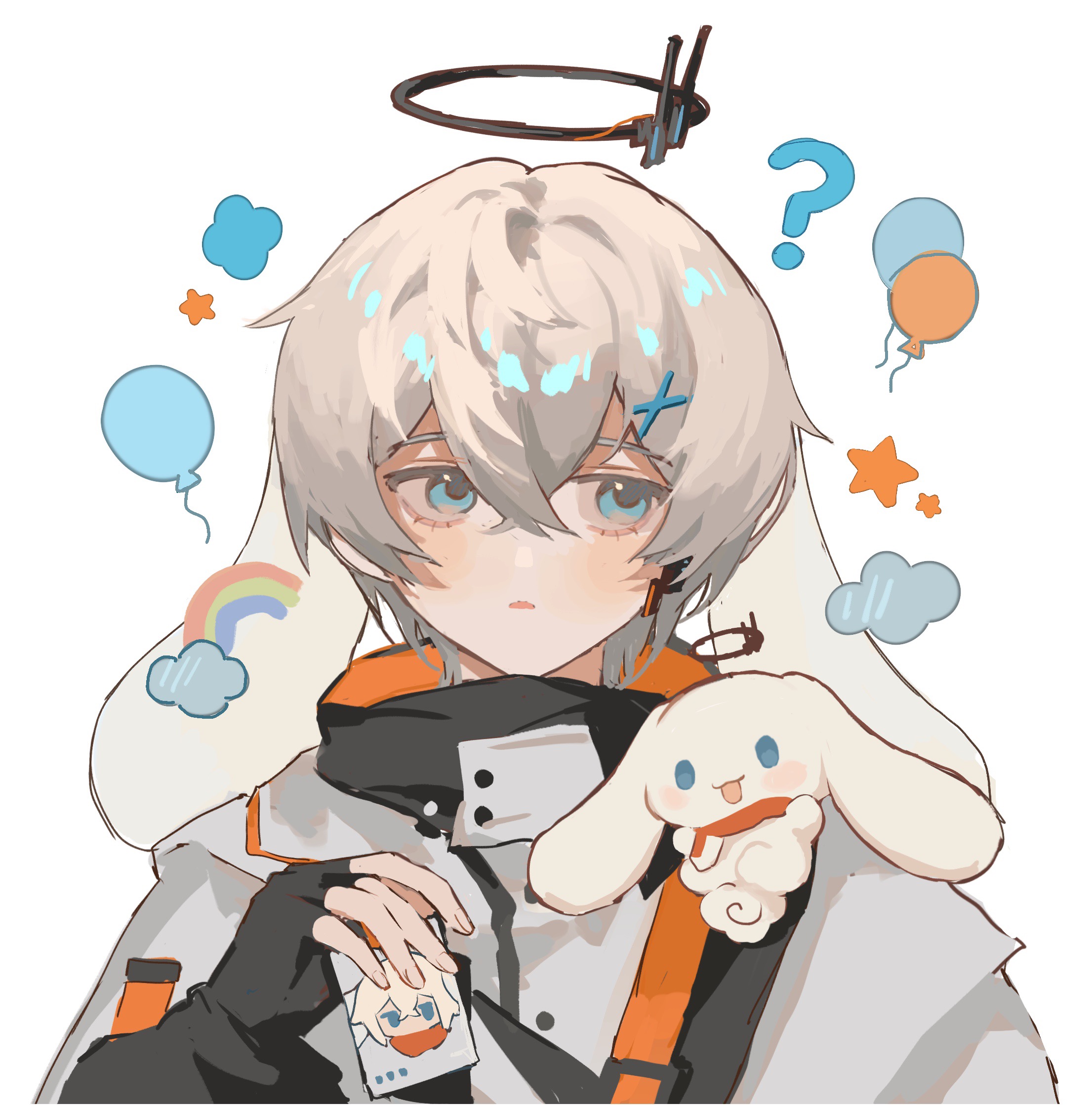 cinnamoroll, executor (arknights), arknights, fuwa fuwa cinnamoroll, sanrio, chinese commentary, commentary request, highres, 1boy, ?, animal ears, balloon, black gloves, black halo, blue eyes, crossover, gloves, grey hair, hair between eyes, hair ornament, halo, hand up, looking to the side, male focus, open mouth, rabbit ears, short hair, solo, upper body, white background, x hair ornament, xinglida208