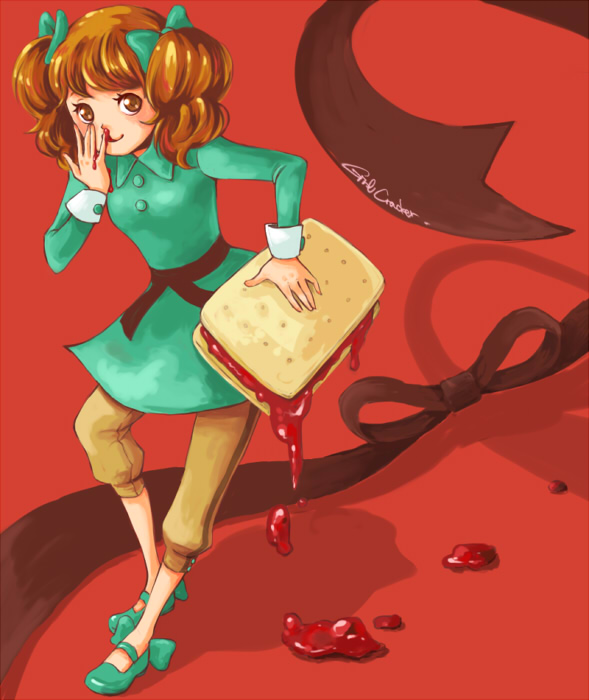 mimi (artist), mimi (pixiv42628), cracker-chan, bad id, bad pixiv id, 1girl, belt, breasts, brown eyes, cracker, dress, female focus, food, green dress, green shoes, hair ornament, jam, long hair, long sleeves, looking at viewer, orange hair, pants, ribbon, shoes, short dress, short twintails, smile, solo, standing, twintails