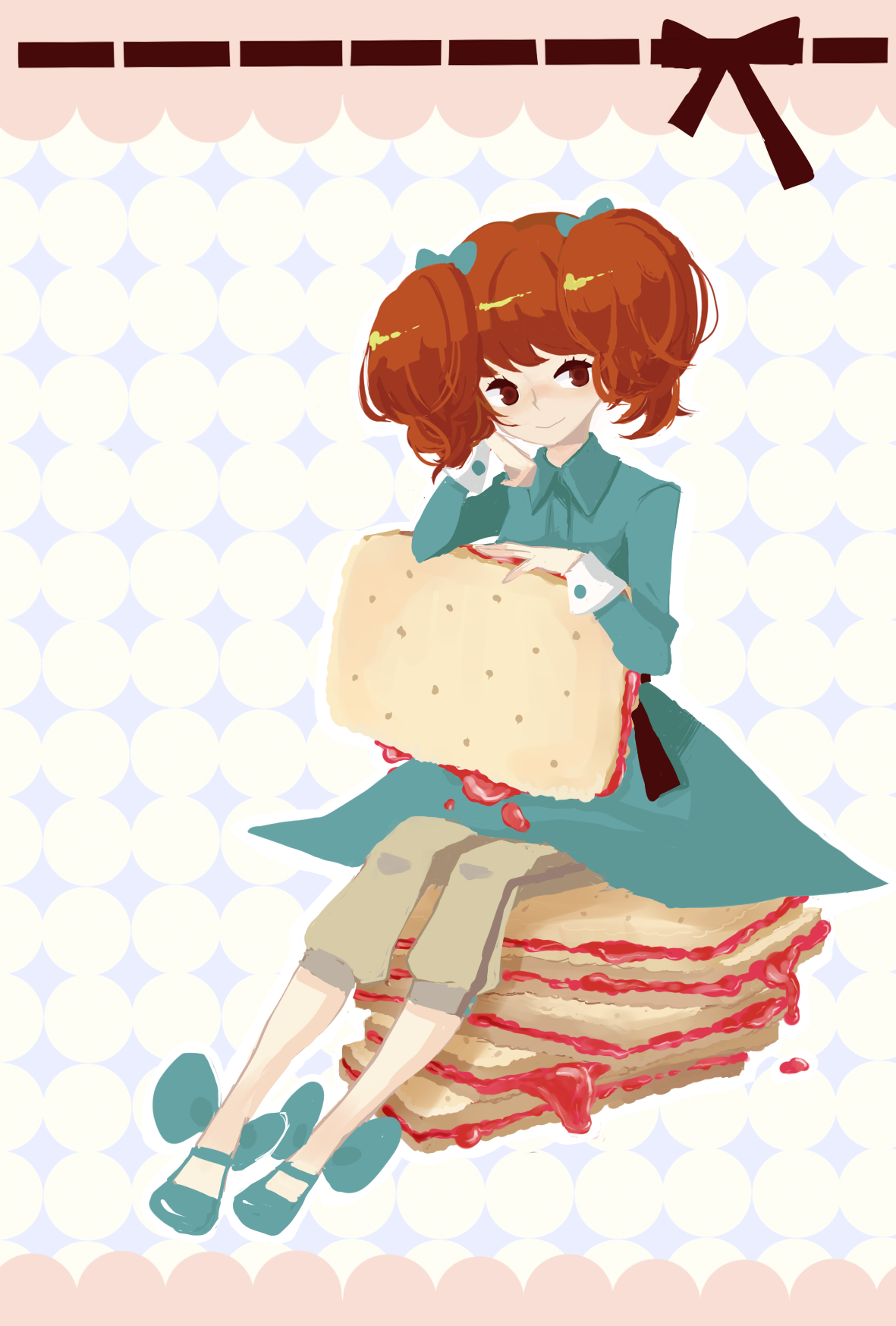 inase (nico-oco), inase (pixiv4981), cracker-chan, original, bad id, bad pixiv id, highres, 1girl, borase, cracker, female focus, food, jam, ribbon, solo, twintails