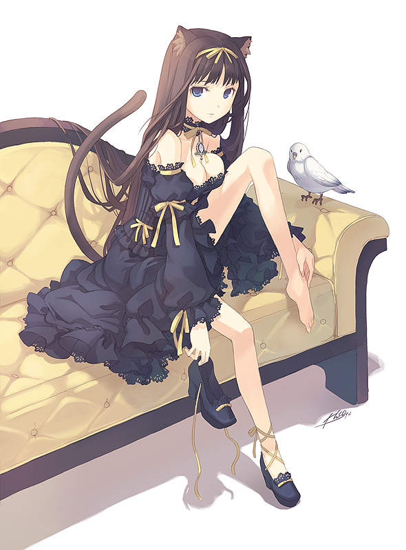 h2so4, original, bad id, bad pixiv id, 1girl, animal ears, bare shoulders, barefoot, bird, black dress, blue eyes, breasts, brown hair, cat ears, cat tail, choker, cleavage, couch, dress, feet, female focus, holding, holding shoes, holding unworn clothes, jewelry, legs, long hair, pendant, ribbon, shoes, single shoe, sitting, solo, tail, unworn shoes, yellow upholstery