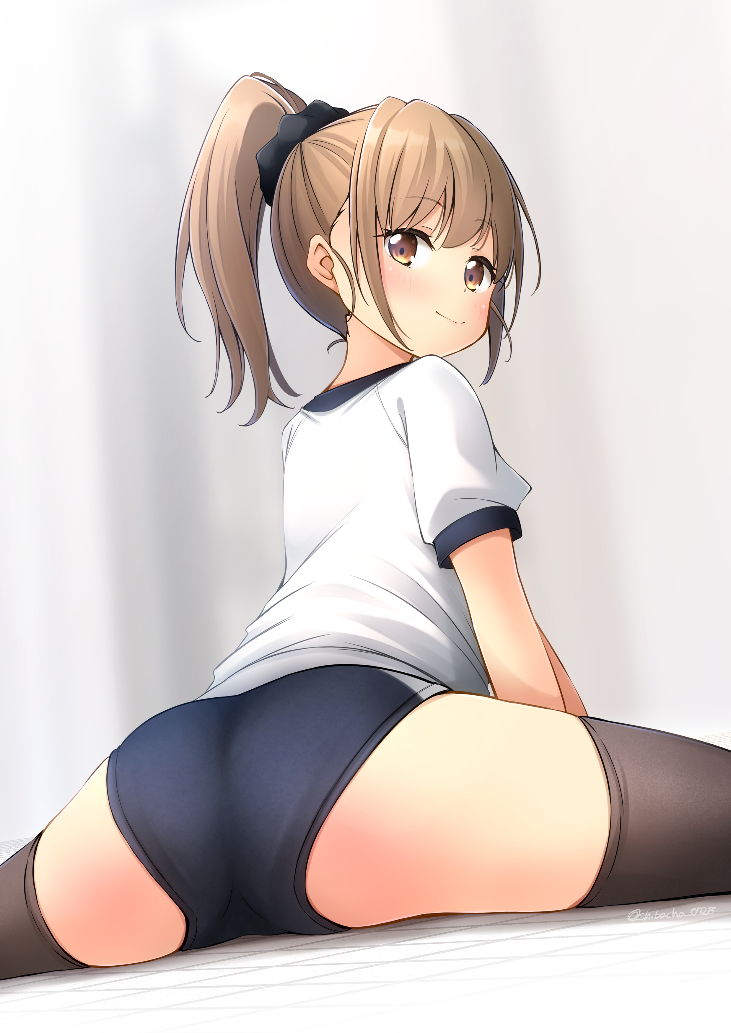 shibacha, original, absurdres, commentary request, commission, highres, pixiv commission, 1girl, ass, black scrunchie, blue buruma, brown eyes, brown hair, brown thighhighs, buruma, closed mouth, from behind, gym shirt, gym uniform, hair ornament, hair scrunchie, high ponytail, looking at another, looking at viewer, ponytail, puffy short sleeves, puffy sleeves, scrunchie, shirt, short sleeves, smile, solo, spread legs, thighhighs, white shirt