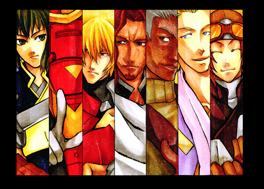 aseki, azumi yuzuru, kyuzo, hayashida heihachi, katayama gorobei, kikuchiyo, okamoto katsushiro, shichiroji, shichirooji, shimada kanbei, samurai 7, bad id, bad pixiv id, marker (medium), traditional media, 00s, 6+boys, male focus, multiple boys